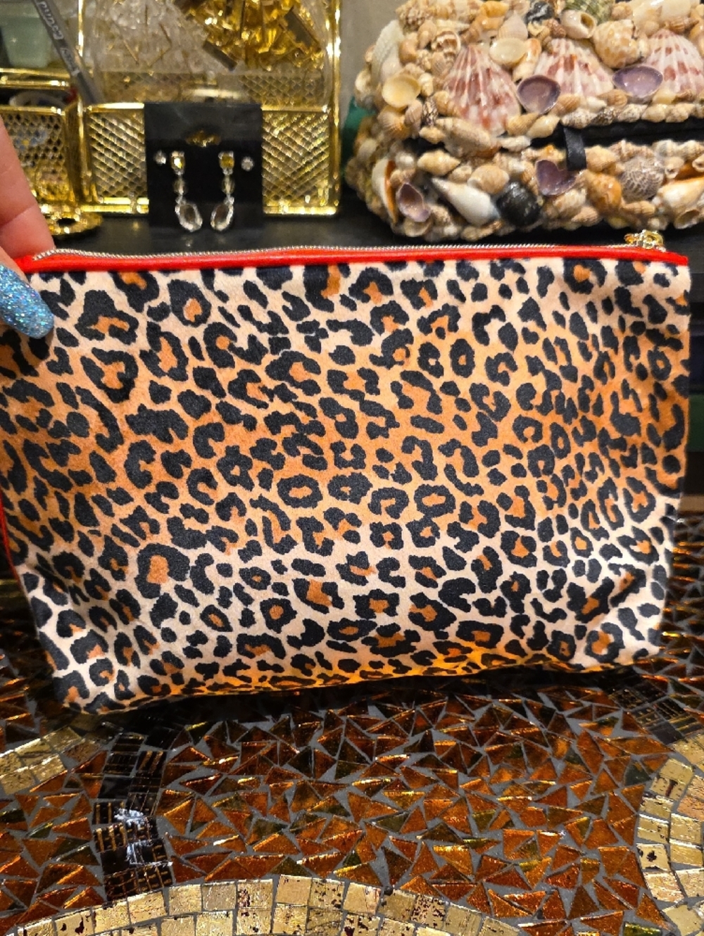 Estee Lauder Leopard Print Cosmetic Bag with Red Roses and Multicolor Butterfly - Picture 3 of 8